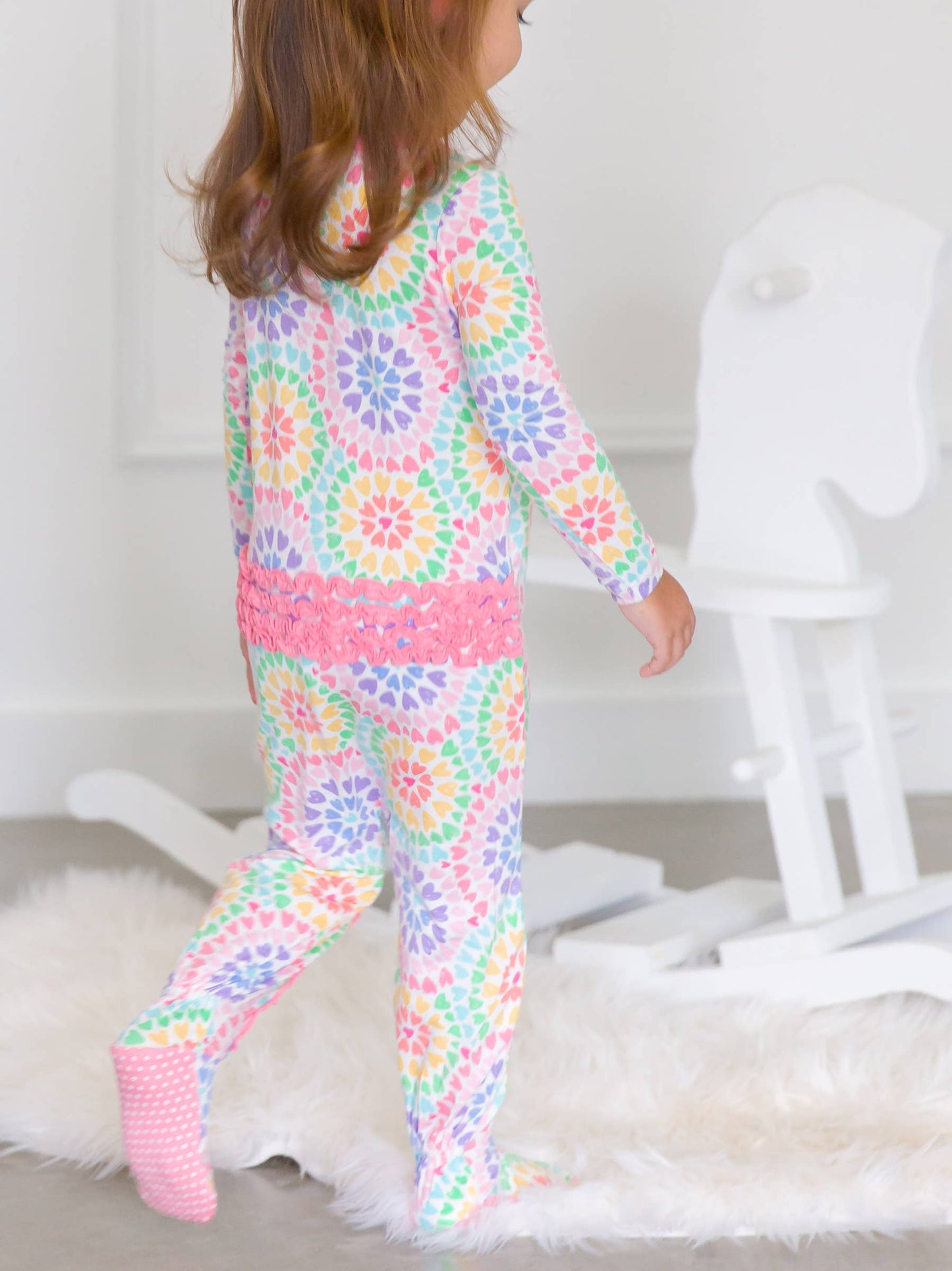 RuffleButts + RuggedButts - Baby Girls Rainbow Kaleidoscope Hearts Bamboo Viscose Footed Ruffle One Piece Pajama