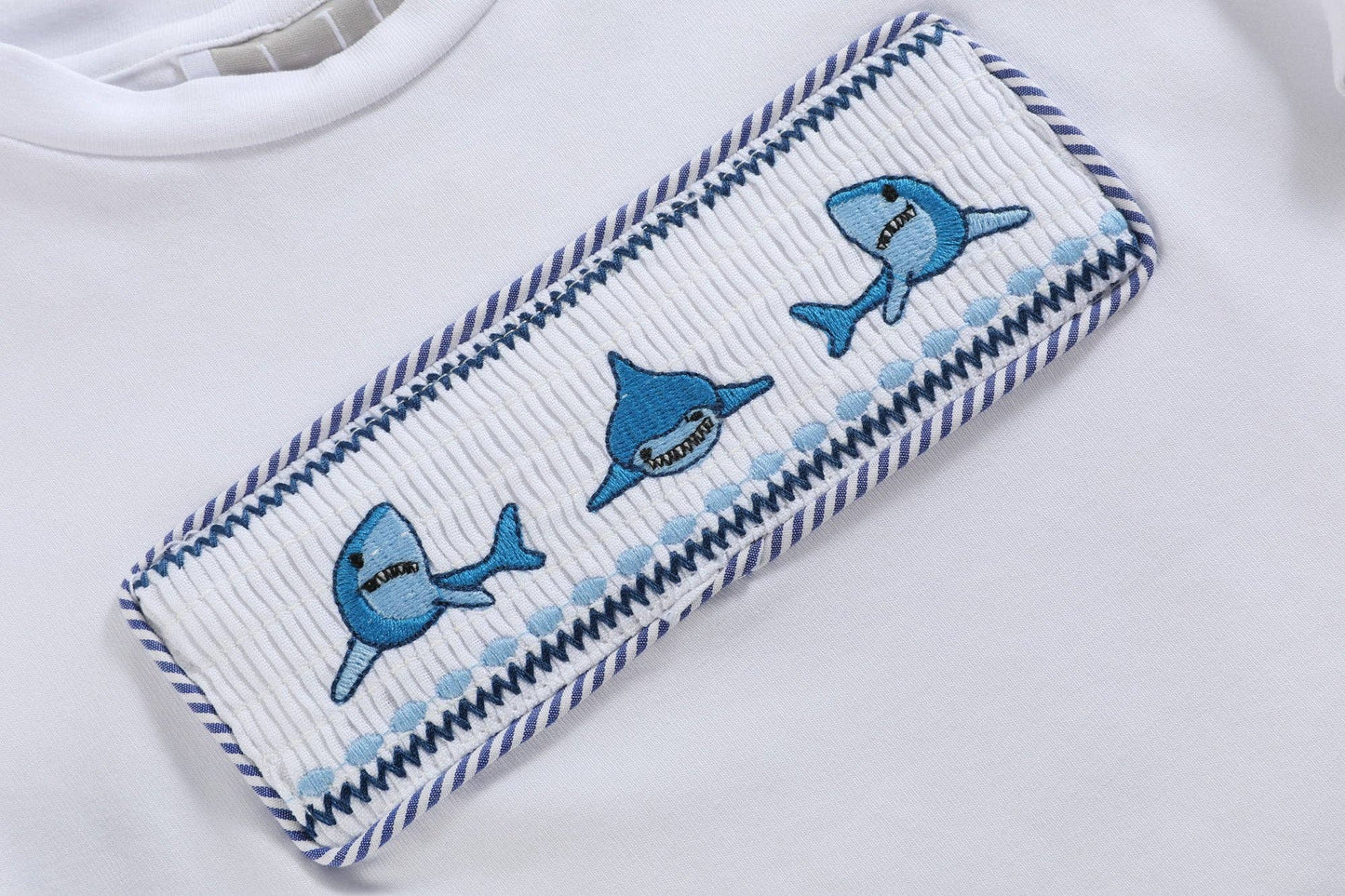 Lil Cactus - White Shark Smocked Tee and Navy Stripe Shorts Set