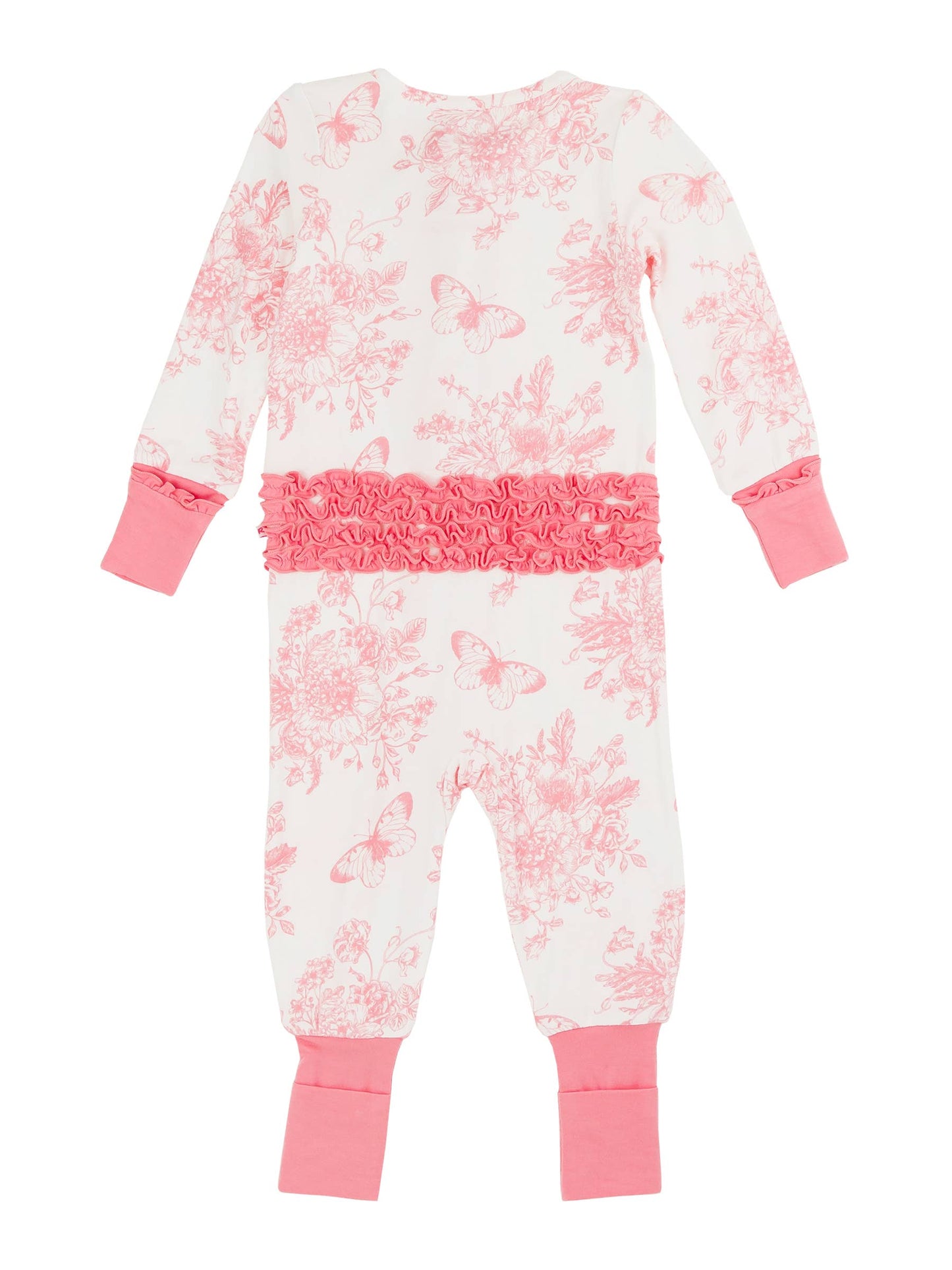 RuffleButts + RuggedButts - Baby Girls Pink Butterfly Garden Toile Bamboo Viscose Convertible Ruffle One Piece Pajama