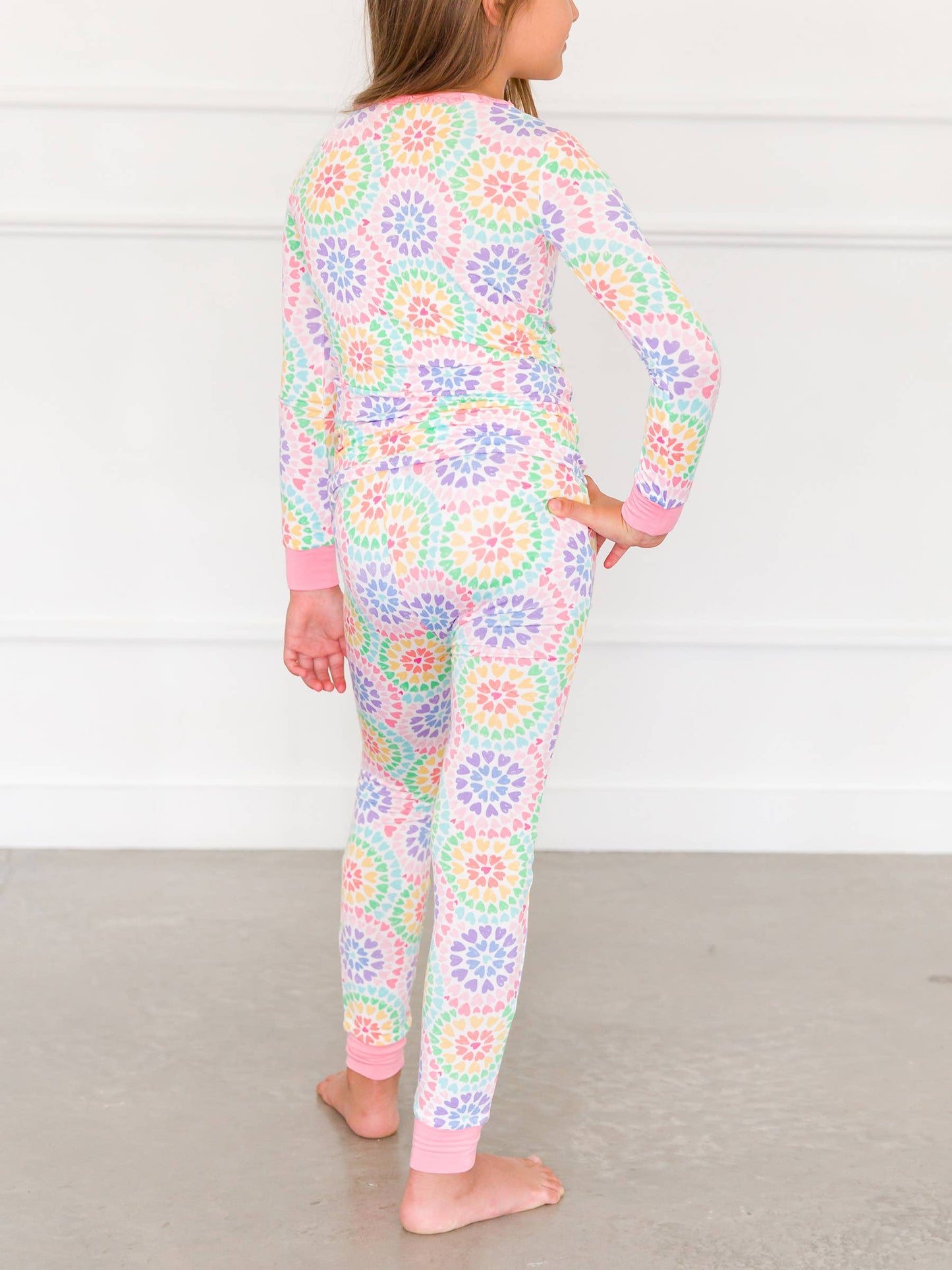 RuffleButts + RuggedButts - Girls Rainbow Kaleidoscope Hearts Bamboo Viscose Ruffle Long Sleeve Pajama Set