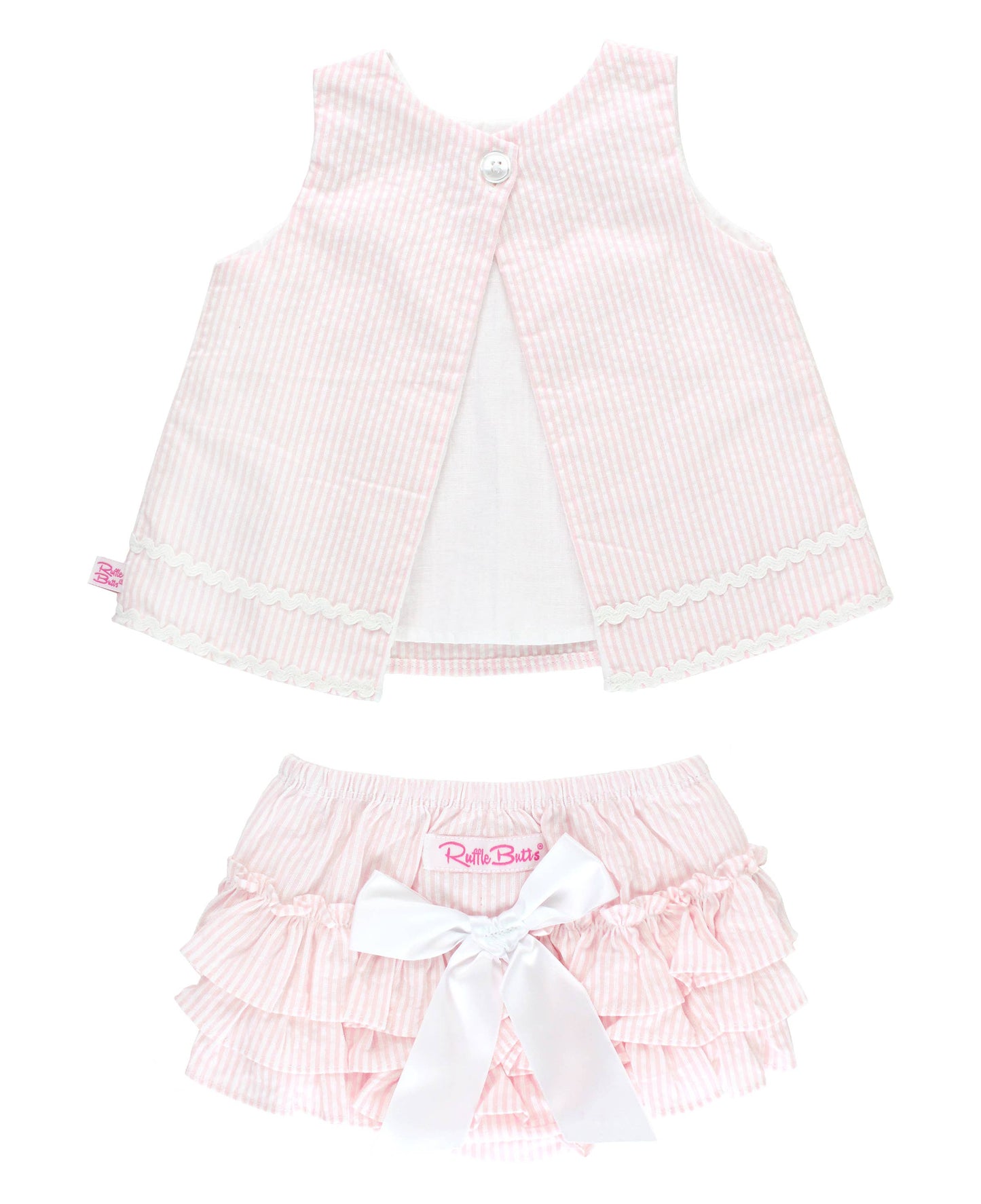 RuffleButts + RuggedButts - Baby Girls Pink Seersucker Ric Rac Swing Top & Bloomer Set