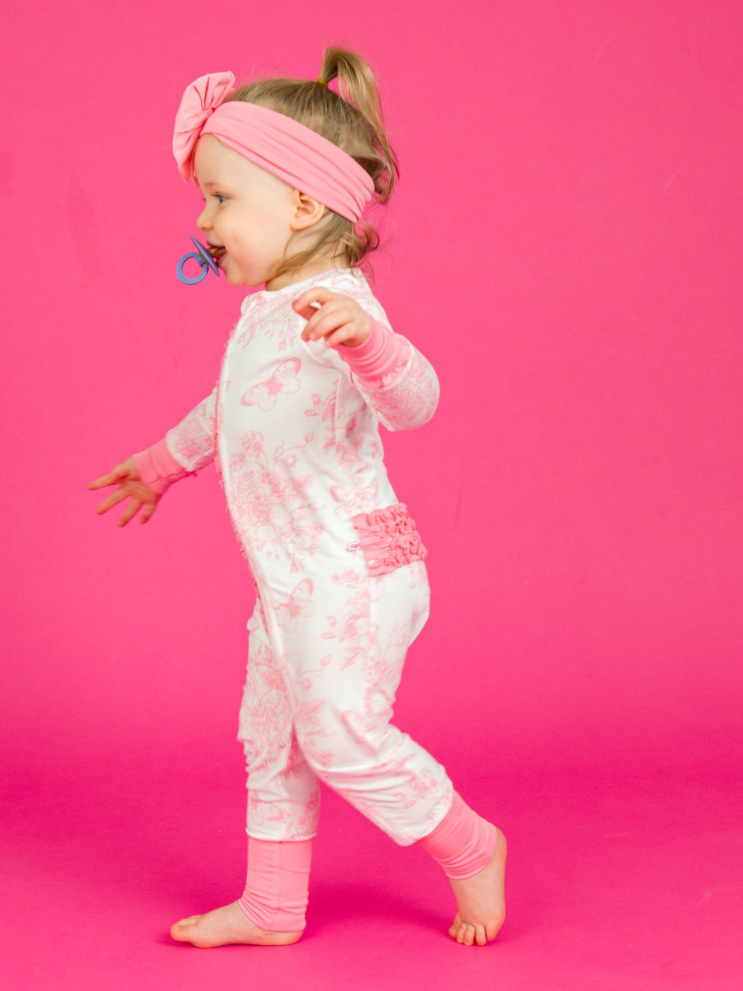 RuffleButts + RuggedButts - Baby Girls Pink Butterfly Garden Toile Bamboo Viscose Convertible Ruffle One Piece Pajama