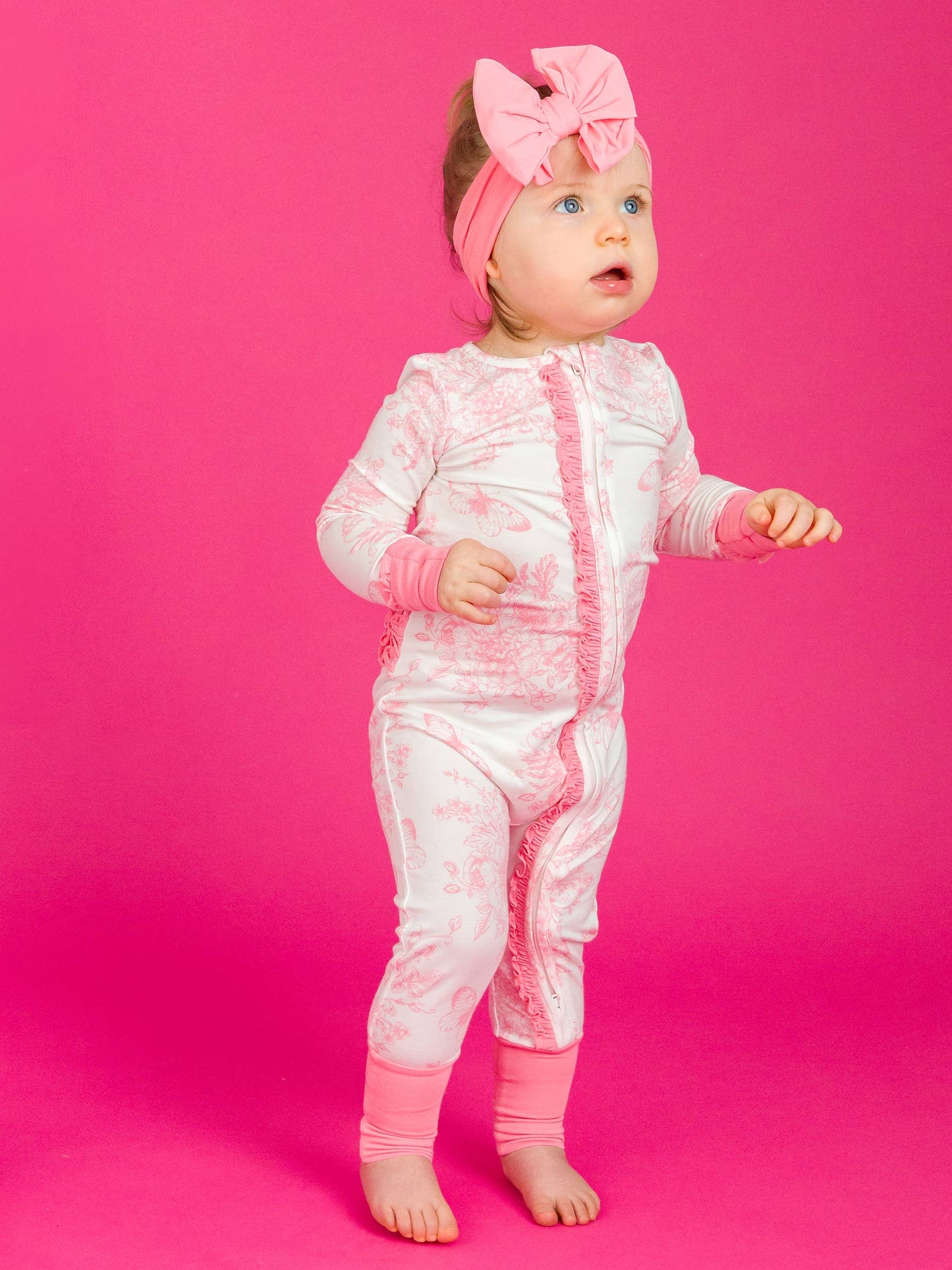 RuffleButts + RuggedButts - Baby Girls Pink Butterfly Garden Toile Bamboo Viscose Convertible Ruffle One Piece Pajama