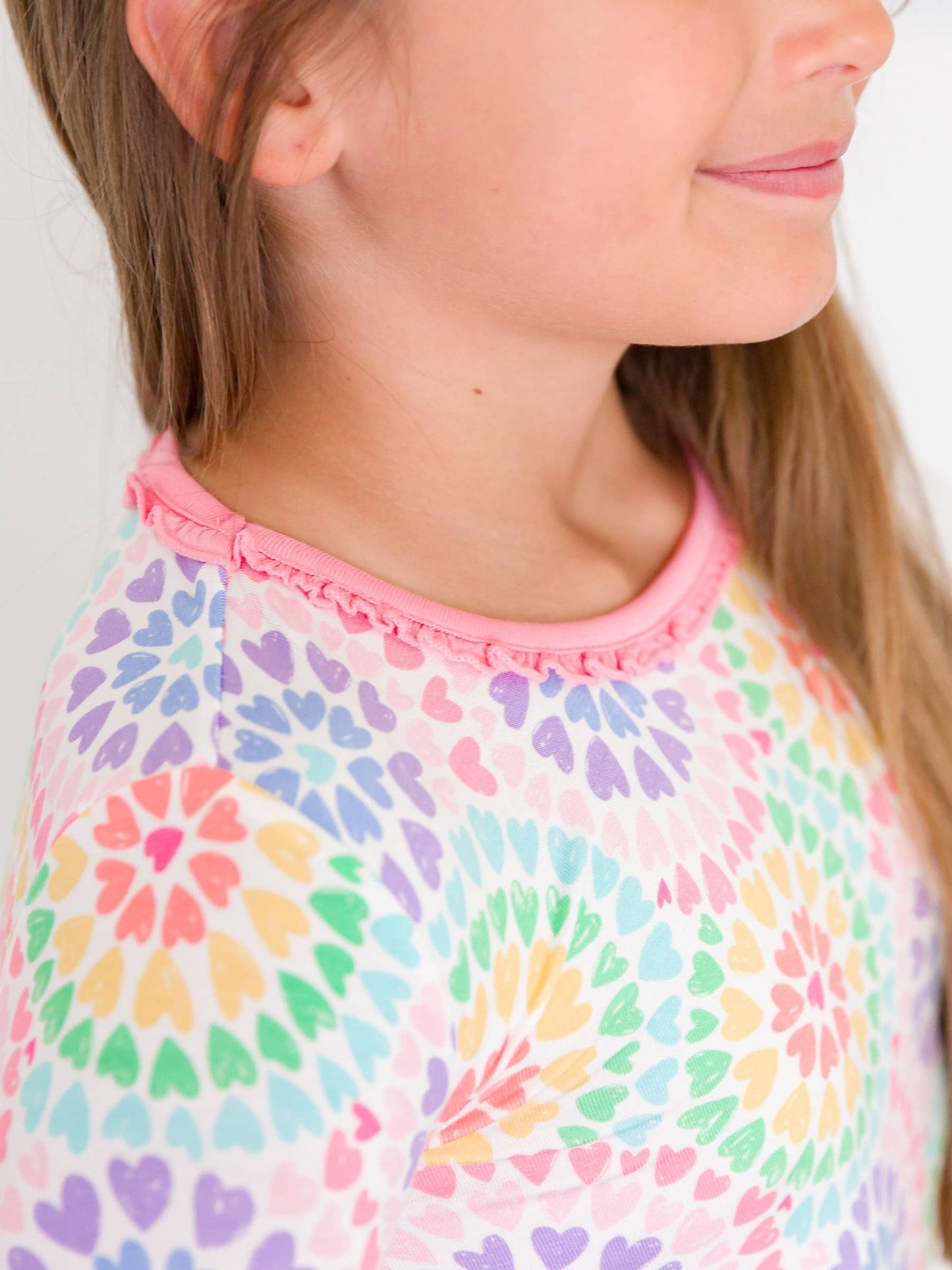 RuffleButts + RuggedButts - Girls Rainbow Kaleidoscope Hearts Bamboo Viscose Ruffle Long Sleeve Pajama Set