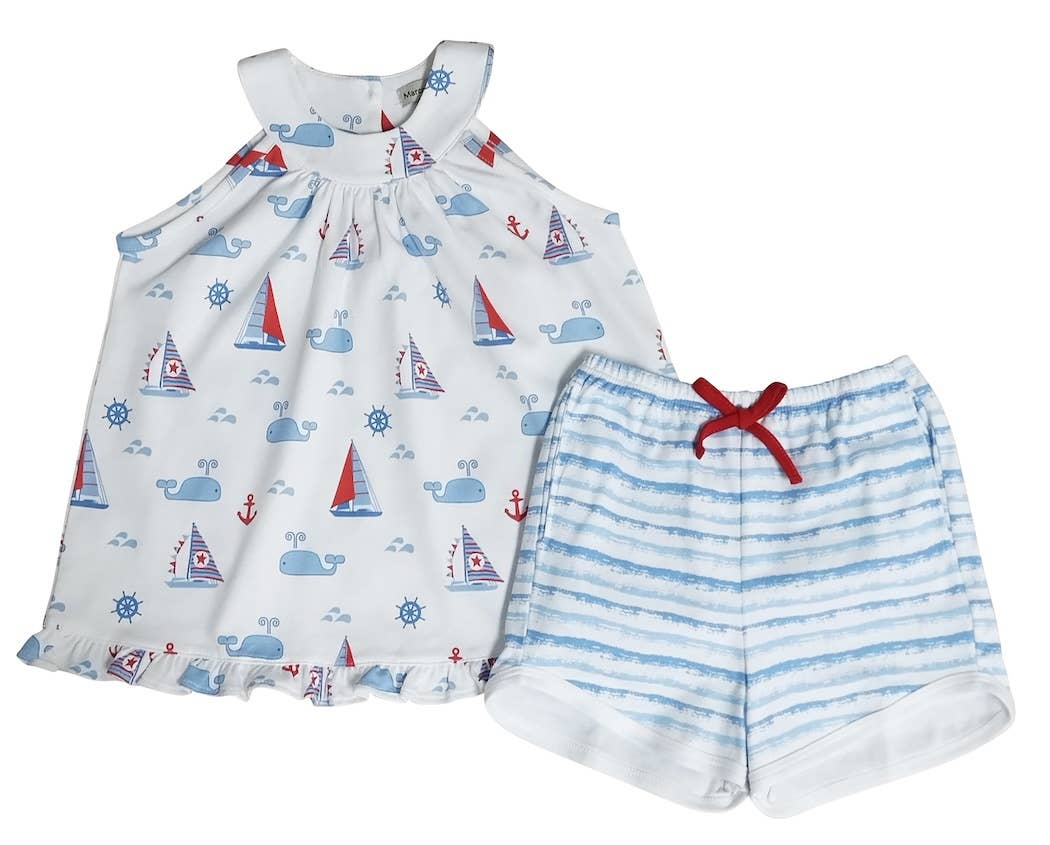 Marco and Lizzy - Nantucket Whales and sailboats Print Girl's Short set