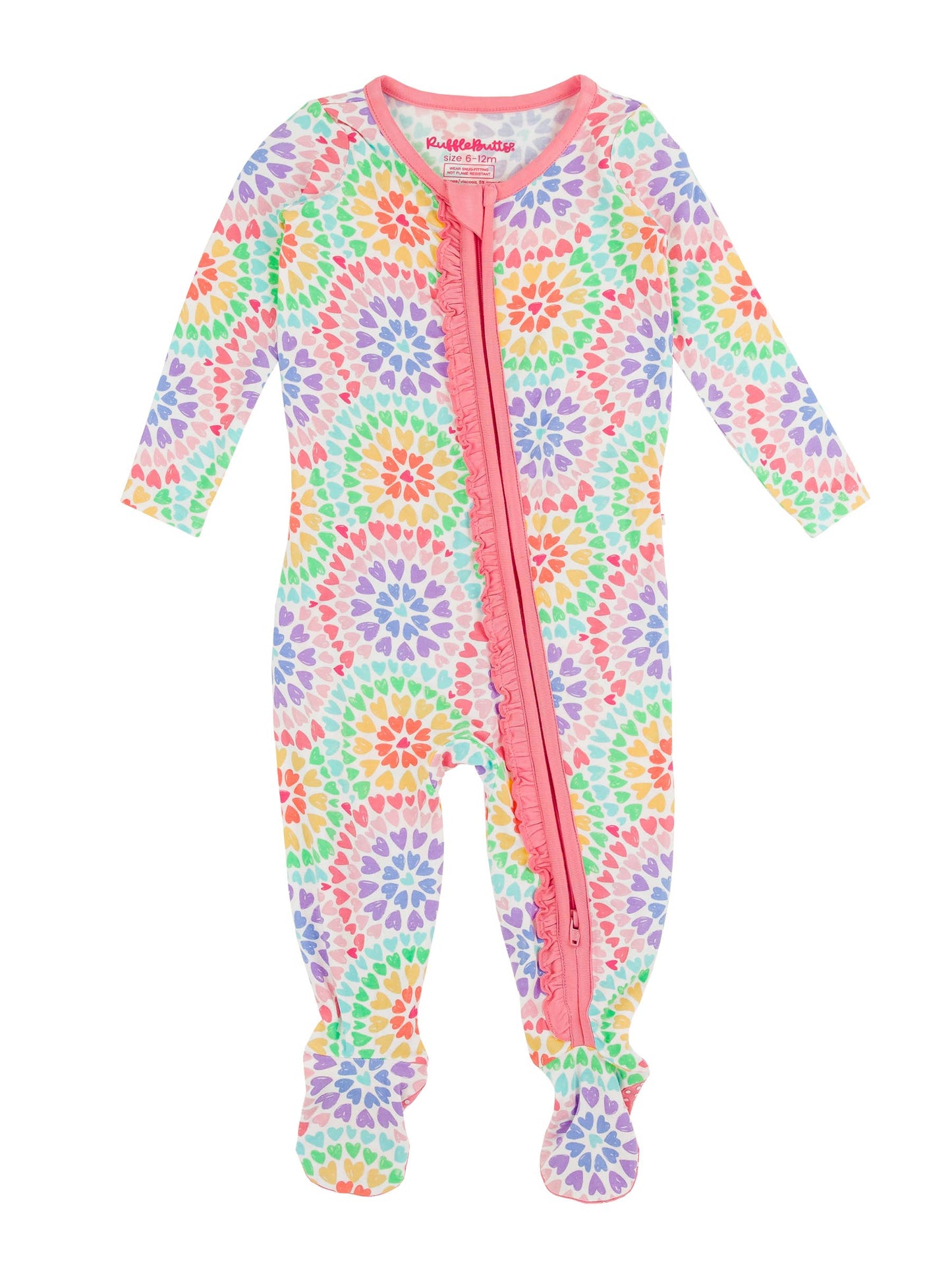 RuffleButts + RuggedButts - Baby Girls Rainbow Kaleidoscope Hearts Bamboo Viscose Footed Ruffle One Piece Pajama