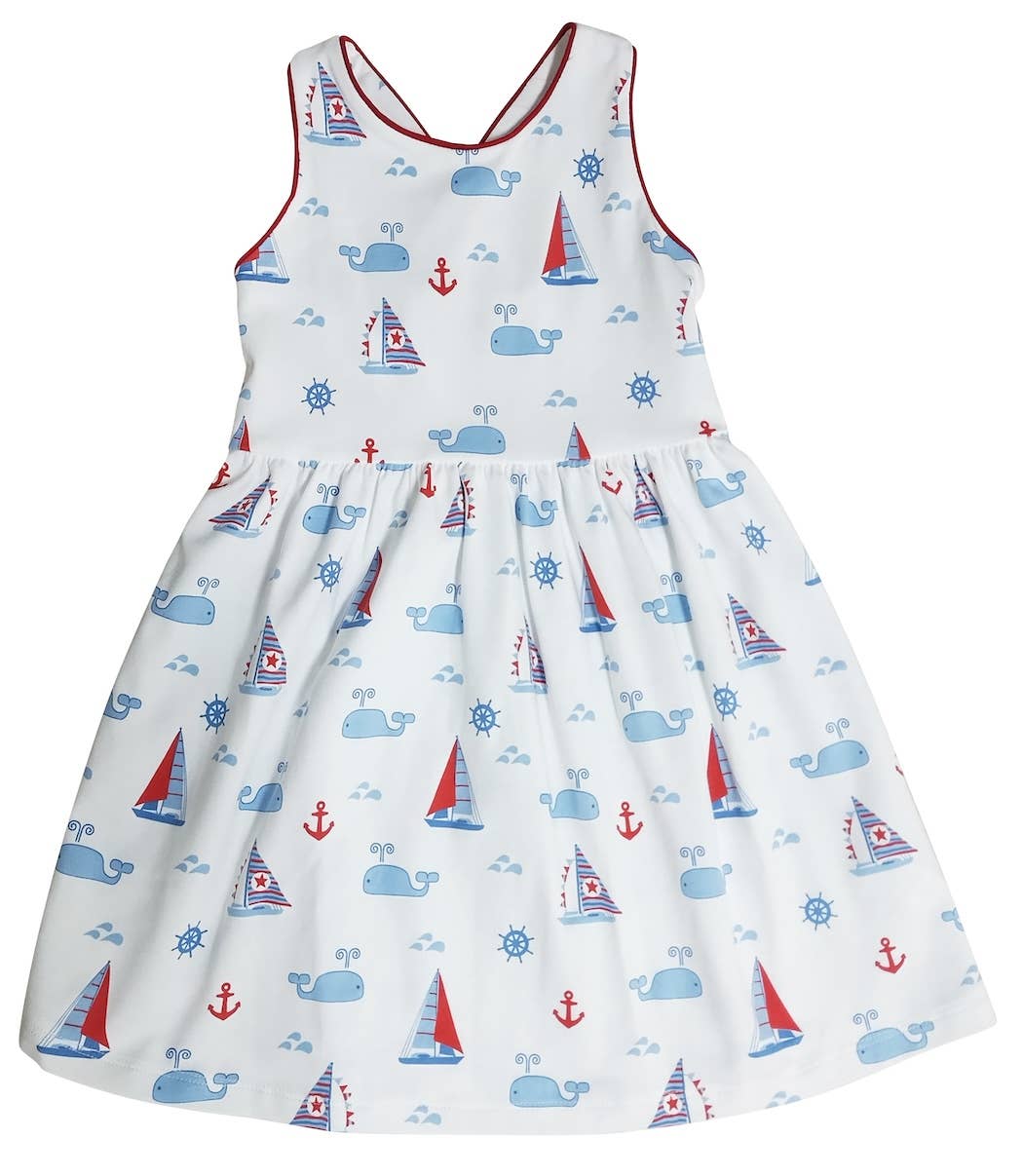 Marco and Lizzy - Nantucket Whales and sailboats Girl's criss-cross back dress