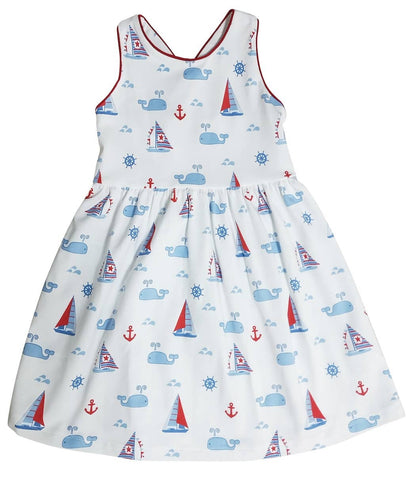 Marco and Lizzy - Nantucket Whales and sailboats Girl's criss-cross back dress