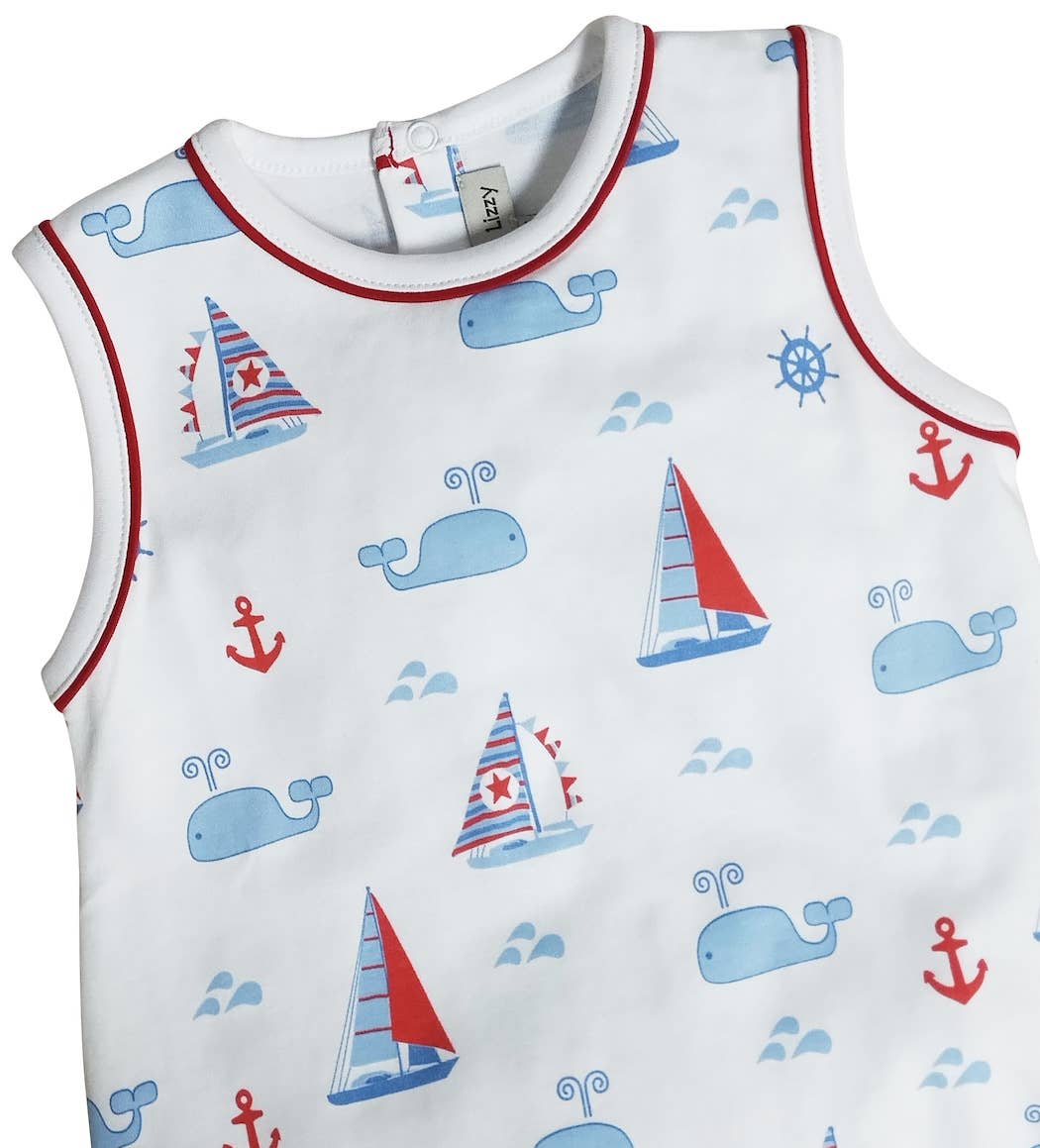 Marco and Lizzy - Nantucket Whales and sailboats Print Boy's romper