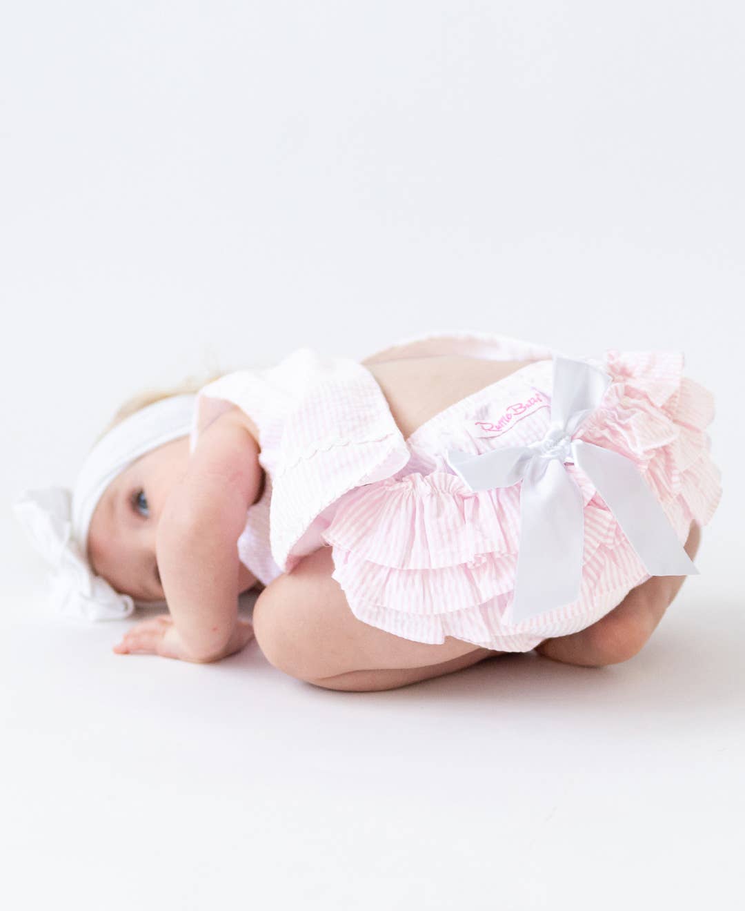 RuffleButts + RuggedButts - Baby Girls Pink Seersucker Ric Rac Swing Top & Bloomer Set