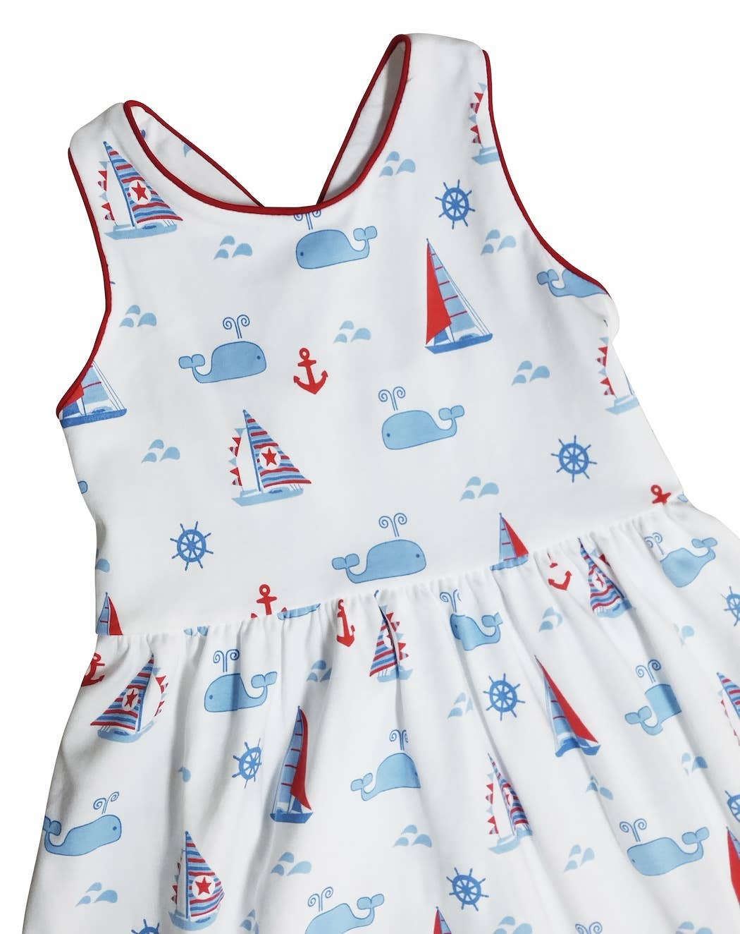 Marco and Lizzy - Nantucket Whales and sailboats Girl's criss-cross back dress