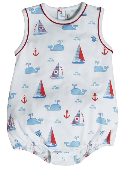 Marco and Lizzy - Nantucket Whales and sailboats Print Boy's romper