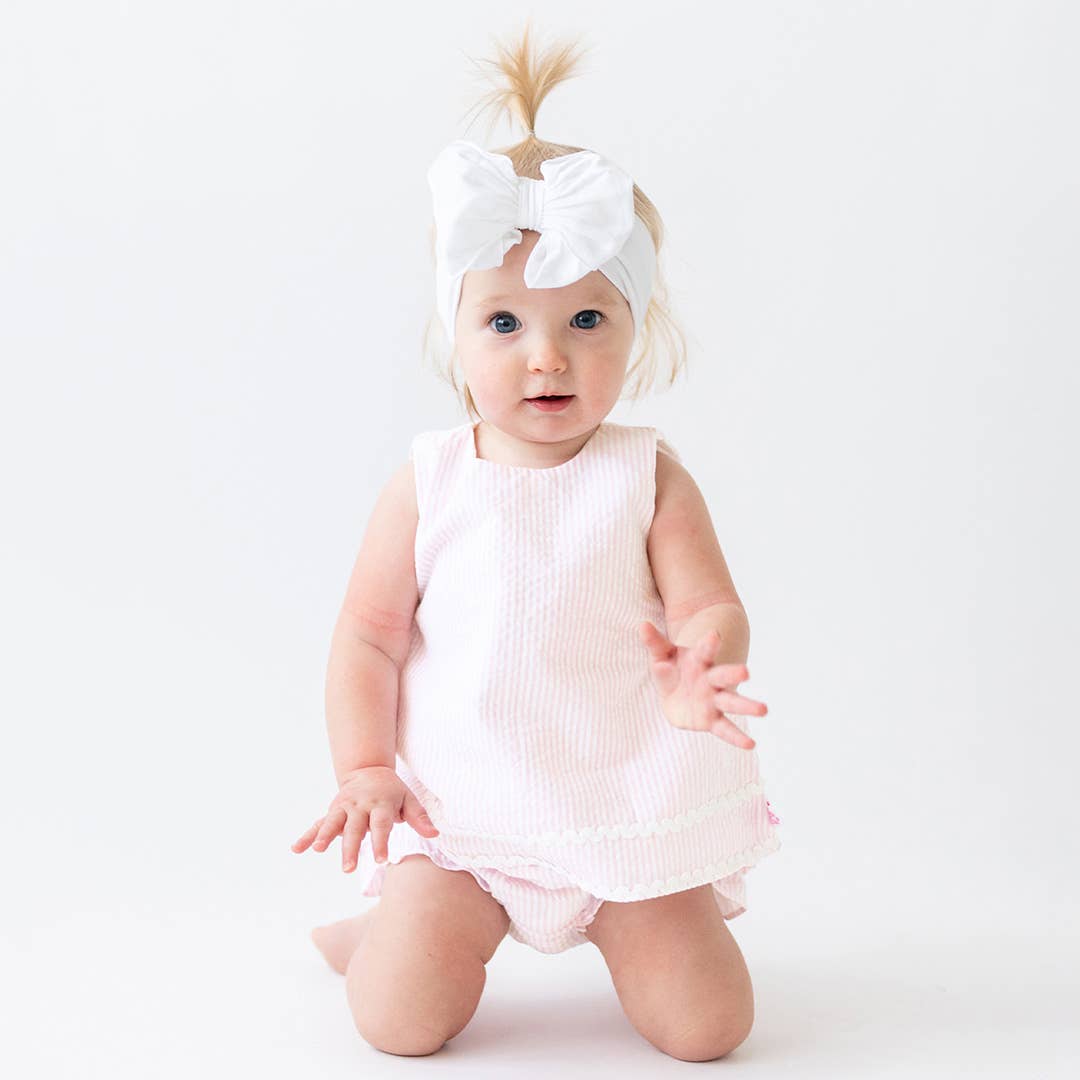 RuffleButts + RuggedButts - Baby Girls Pink Seersucker Ric Rac Swing Top & Bloomer Set