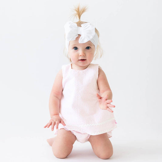 RuffleButts + RuggedButts - Baby Girls Pink Seersucker Ric Rac Swing Top & Bloomer Set