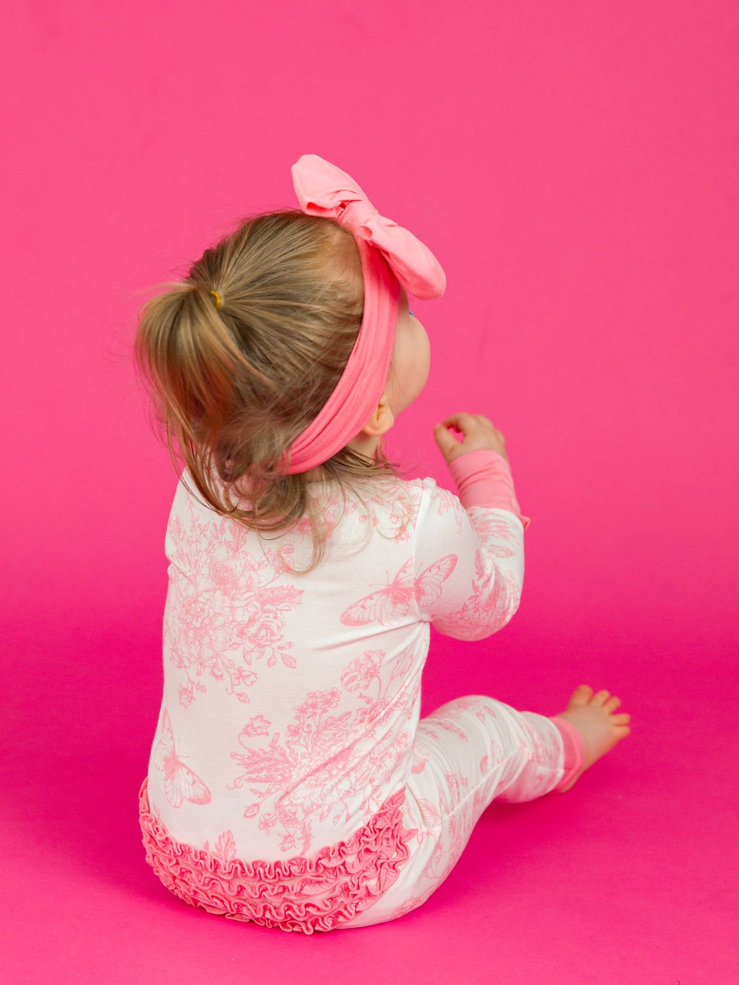 RuffleButts + RuggedButts - Baby Girls Pink Butterfly Garden Toile Bamboo Viscose Convertible Ruffle One Piece Pajama