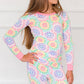 RuffleButts + RuggedButts - Girls Rainbow Kaleidoscope Hearts Bamboo Viscose Ruffle Long Sleeve Pajama Set