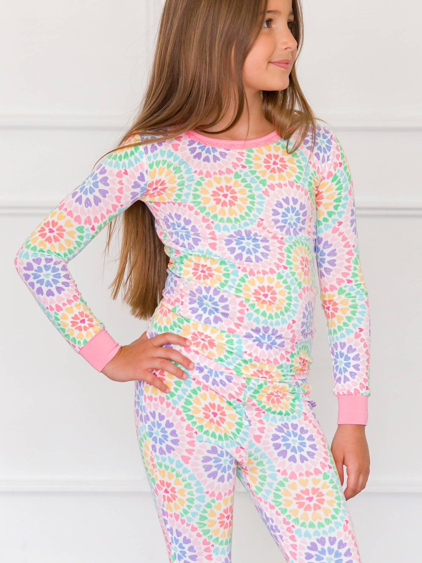 RuffleButts + RuggedButts - Girls Rainbow Kaleidoscope Hearts Bamboo Viscose Ruffle Long Sleeve Pajama Set