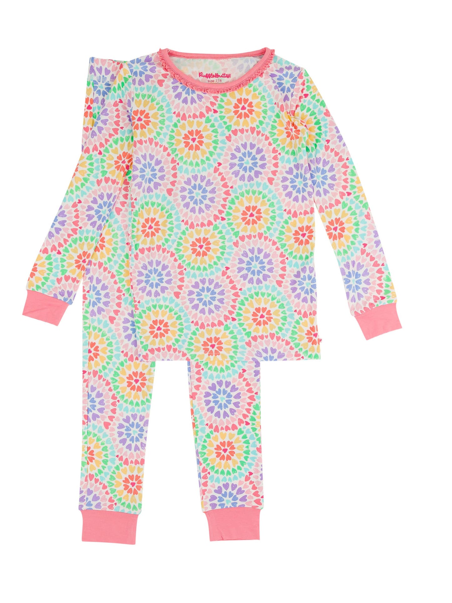 RuffleButts + RuggedButts - Girls Rainbow Kaleidoscope Hearts Bamboo Viscose Ruffle Long Sleeve Pajama Set
