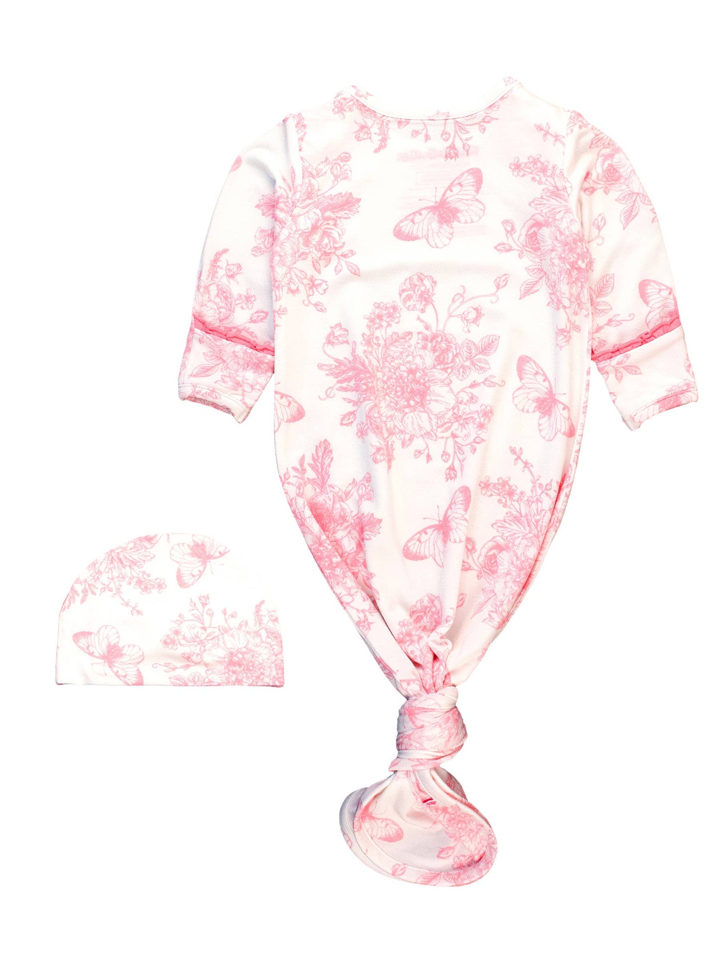 RuffleButts + RuggedButts - Baby Girls Pink Butterfly Garden Toile Bamboo Viscose Knotted Ruffle Gown & Hat Set