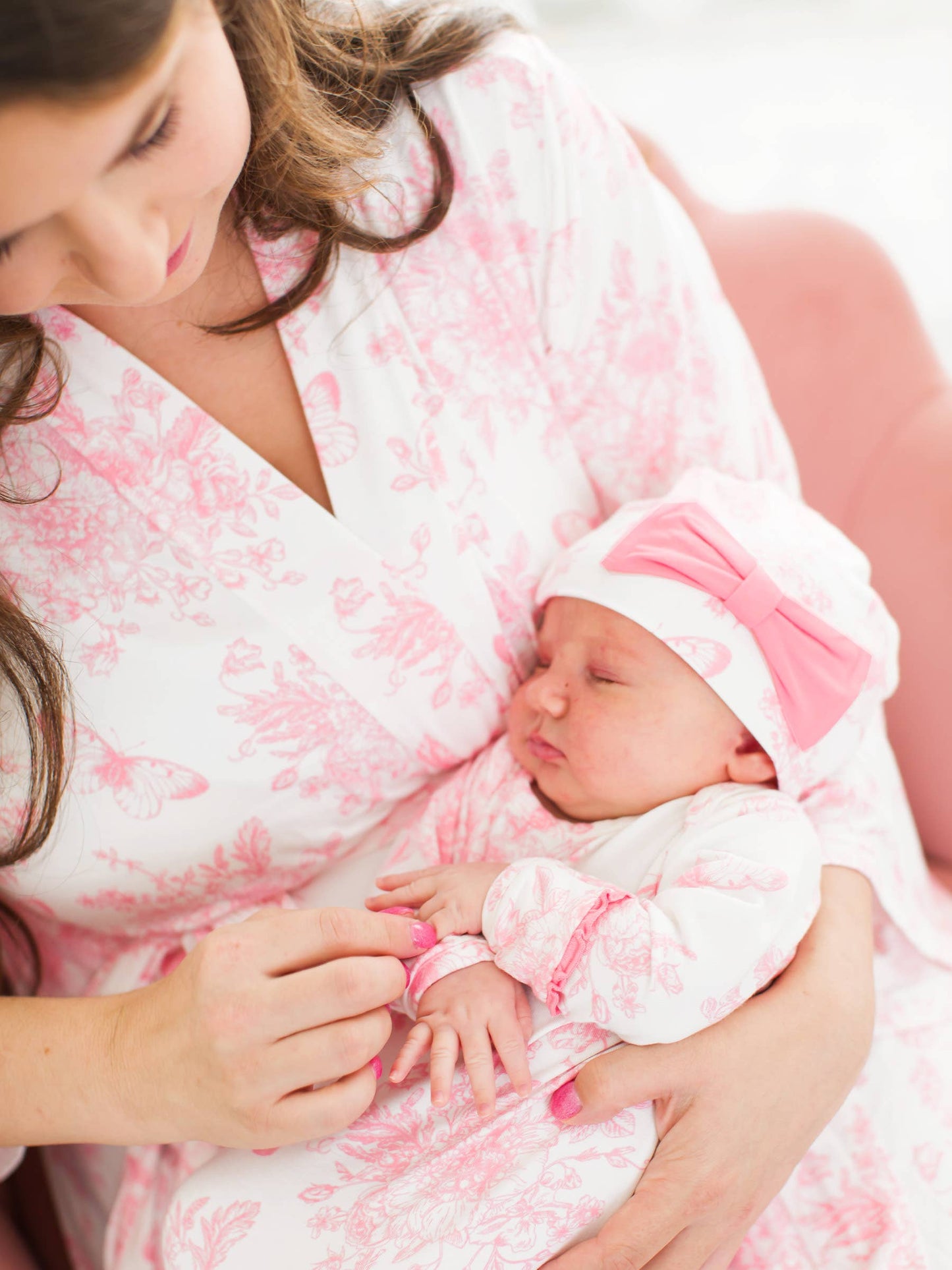 RuffleButts + RuggedButts - Baby Girls Pink Butterfly Garden Toile Bamboo Viscose Knotted Ruffle Gown & Hat Set