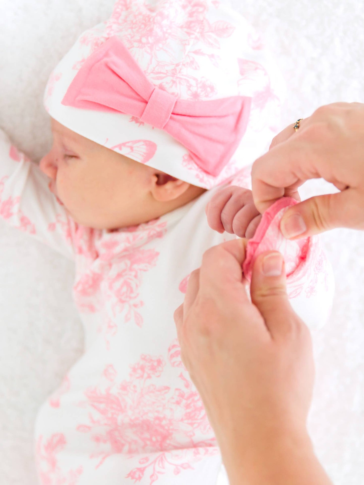 RuffleButts + RuggedButts - Baby Girls Pink Butterfly Garden Toile Bamboo Viscose Knotted Ruffle Gown & Hat Set