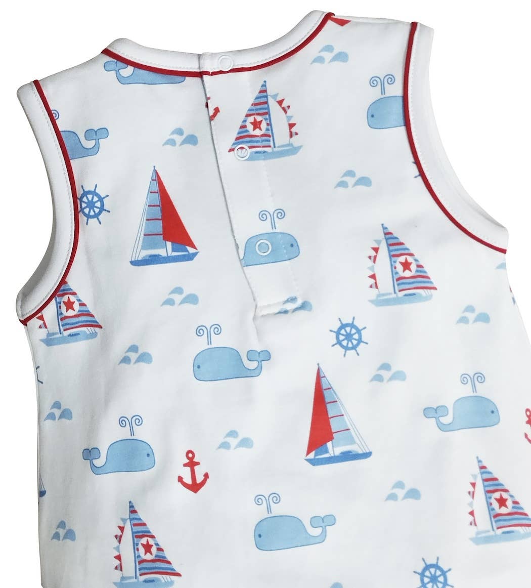 Marco and Lizzy - Nantucket Whales and sailboats Print Boy's romper