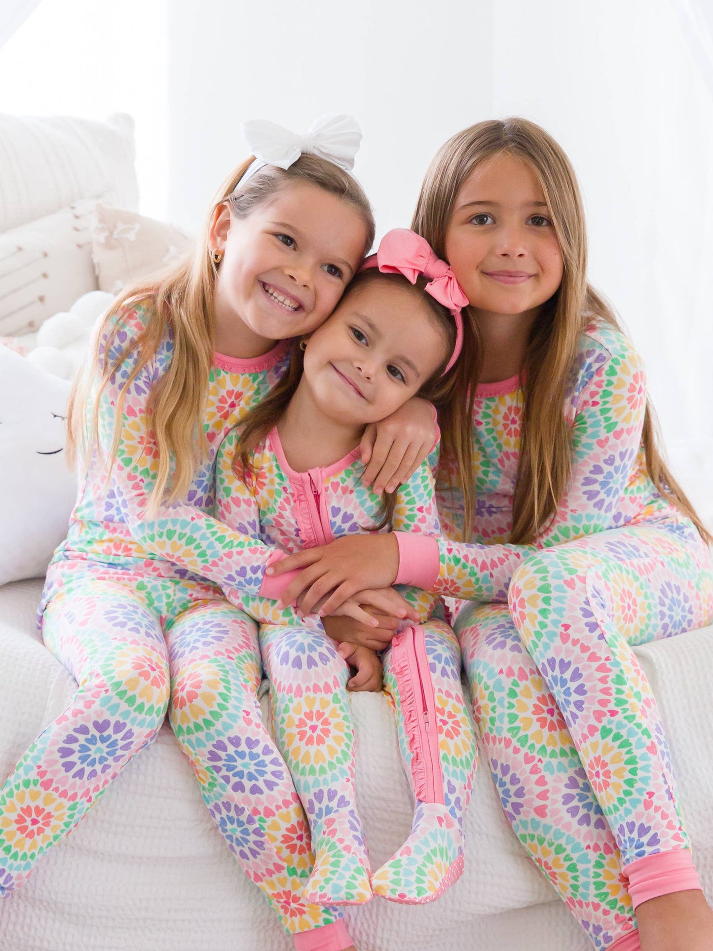 RuffleButts + RuggedButts - Girls Rainbow Kaleidoscope Hearts Bamboo Viscose Ruffle Long Sleeve Pajama Set