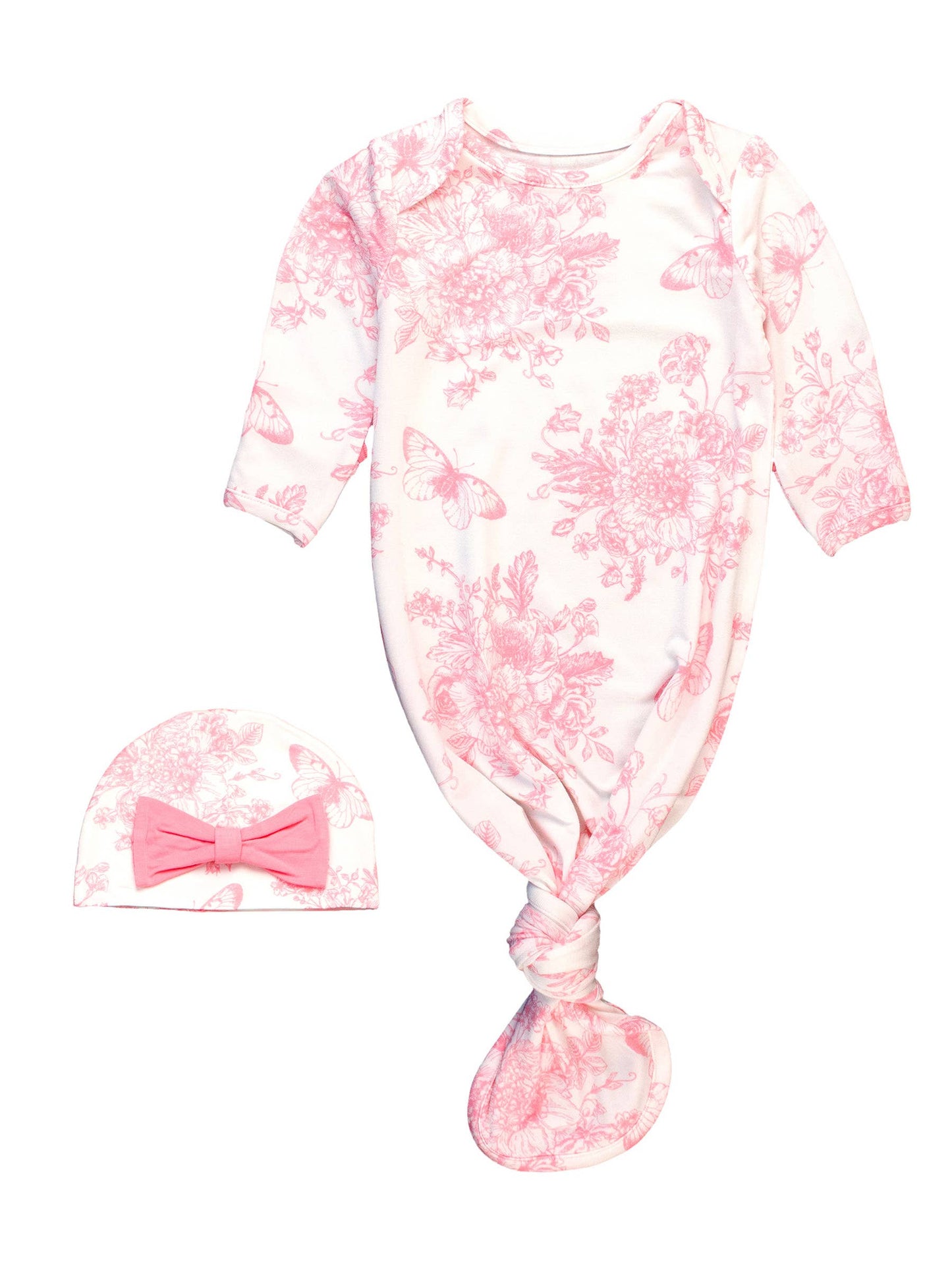 RuffleButts + RuggedButts - Baby Girls Pink Butterfly Garden Toile Bamboo Viscose Knotted Ruffle Gown & Hat Set