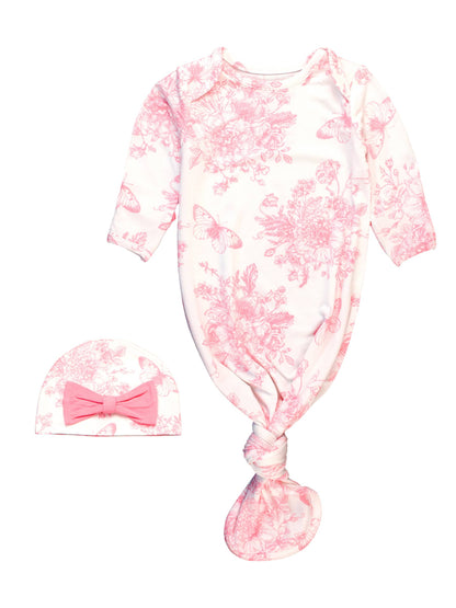 RuffleButts + RuggedButts - Baby Girls Pink Butterfly Garden Toile Bamboo Viscose Knotted Ruffle Gown & Hat Set