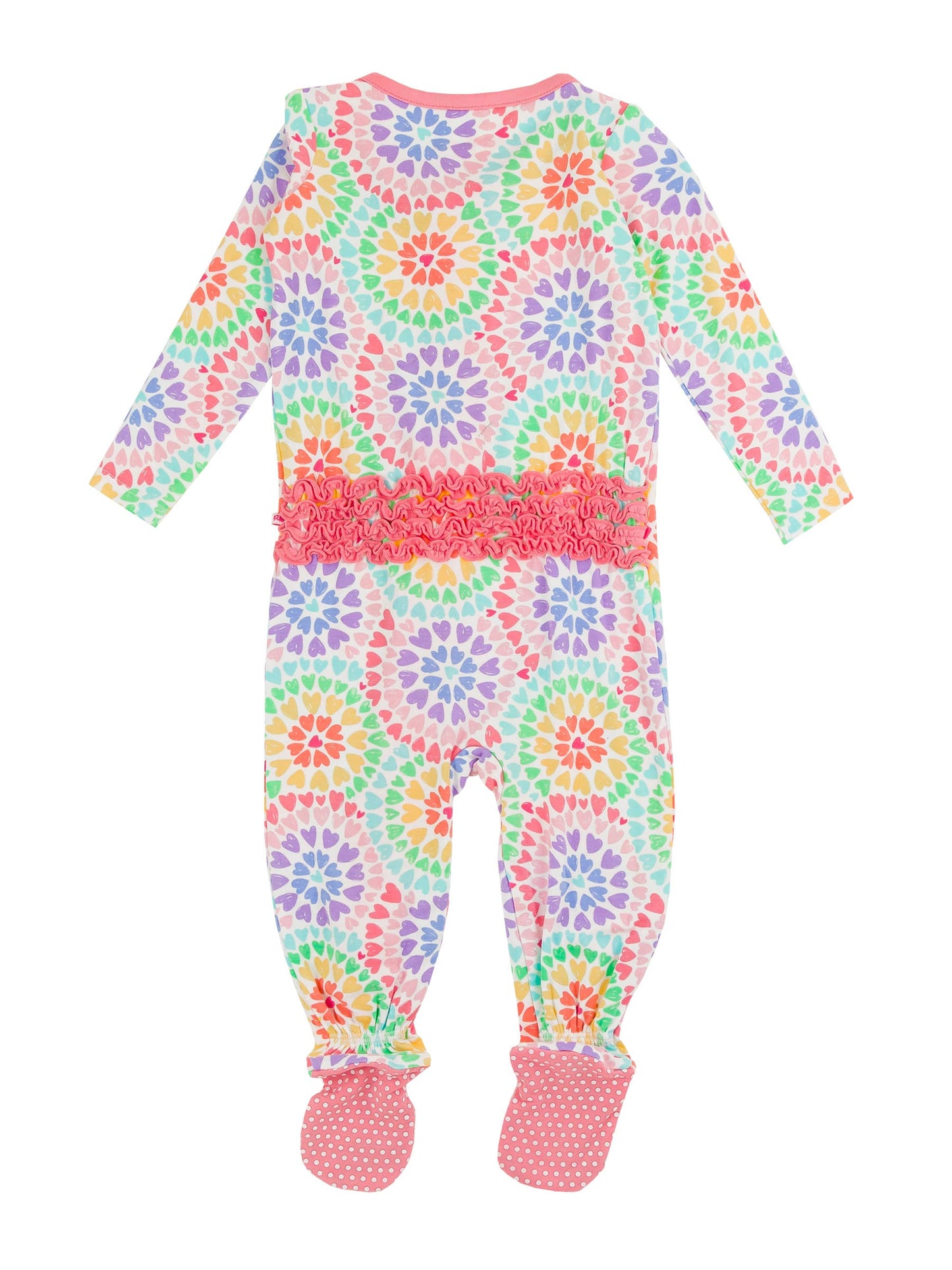 RuffleButts + RuggedButts - Baby Girls Rainbow Kaleidoscope Hearts Bamboo Viscose Footed Ruffle One Piece Pajama
