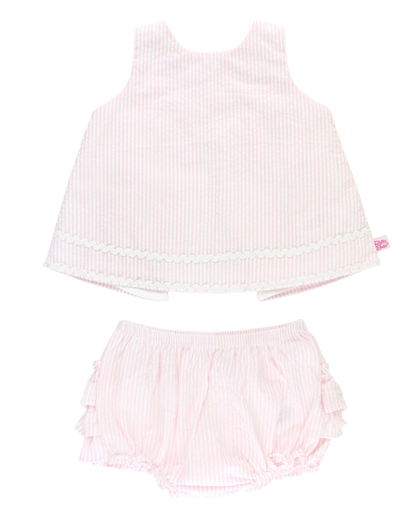 RuffleButts + RuggedButts - Baby Girls Pink Seersucker Ric Rac Swing Top & Bloomer Set