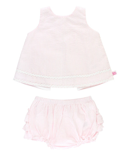 RuffleButts + RuggedButts - Baby Girls Pink Seersucker Ric Rac Swing Top & Bloomer Set