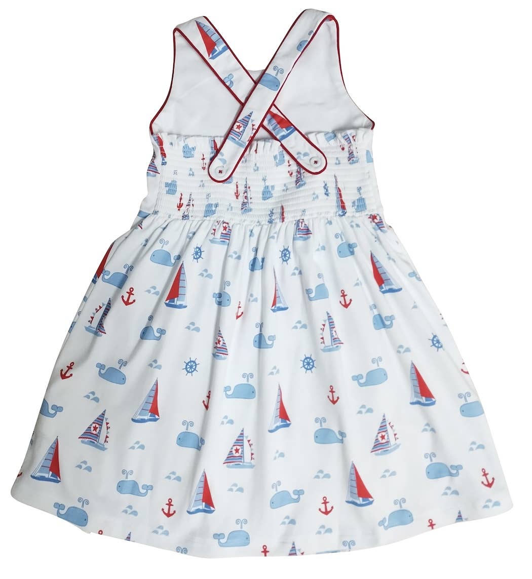 Marco and Lizzy - Nantucket Whales and sailboats Girl's criss-cross back dress